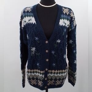 1990'S NWT Northern Isles Cardigan Sweater NAVY Floral Knitted By Hand sz LG